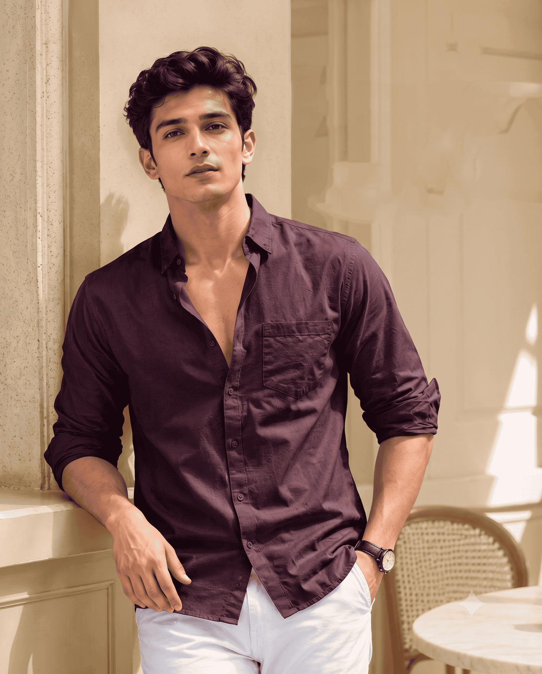 Men's maroon solid linen full sleeve shirt with regular fit and chest pocket for casual wear.