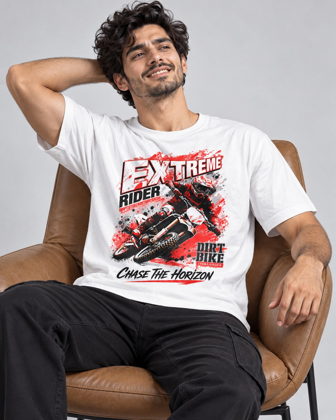 Male model relaxing in a brown chair wearing a white graphic printed t-shirt with a motocross rider artwork and black cargo jeans.