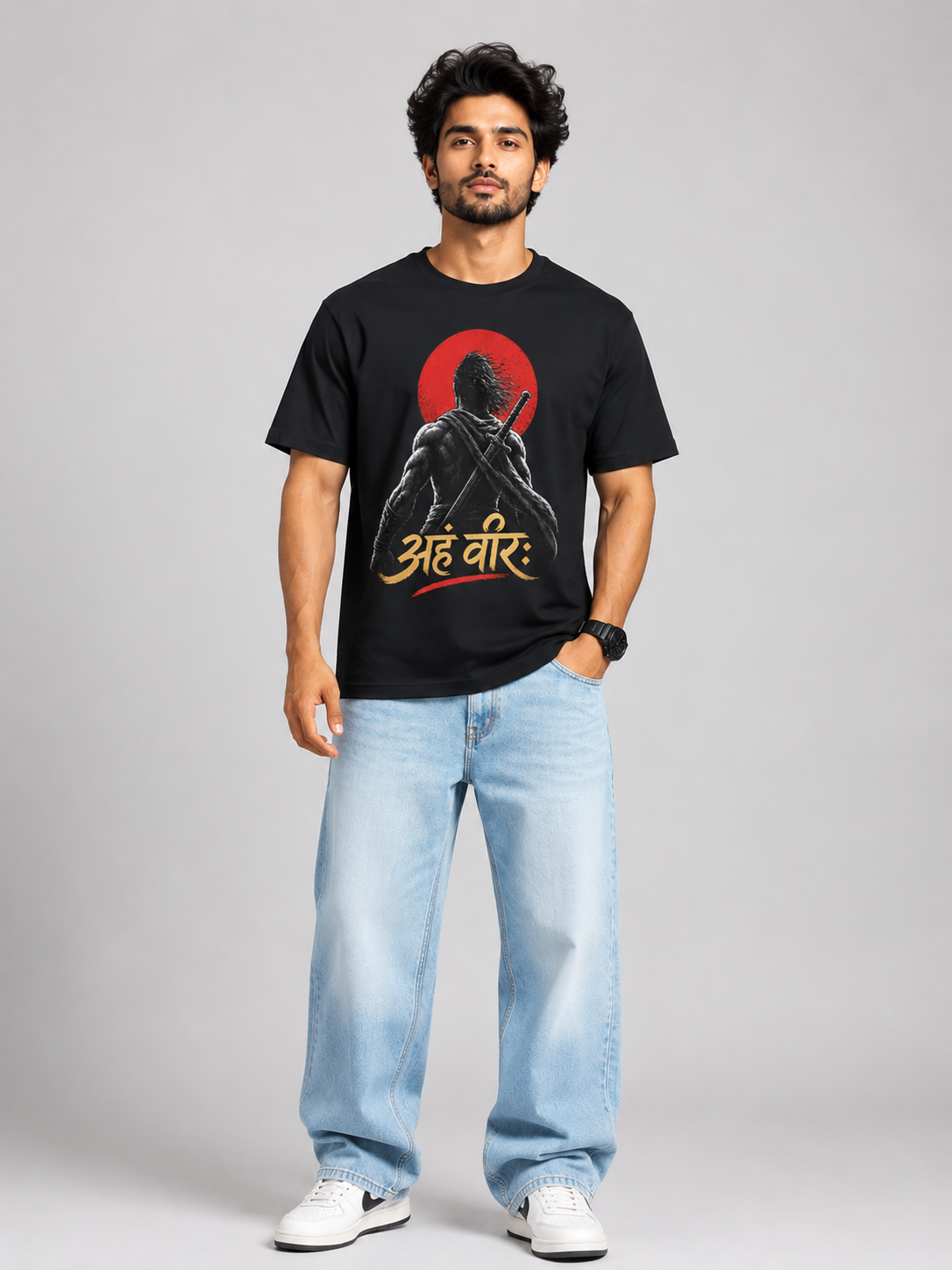 Aham Veerah Sanskrit Warrior Graphic T-Shirt for Men – Black D26008