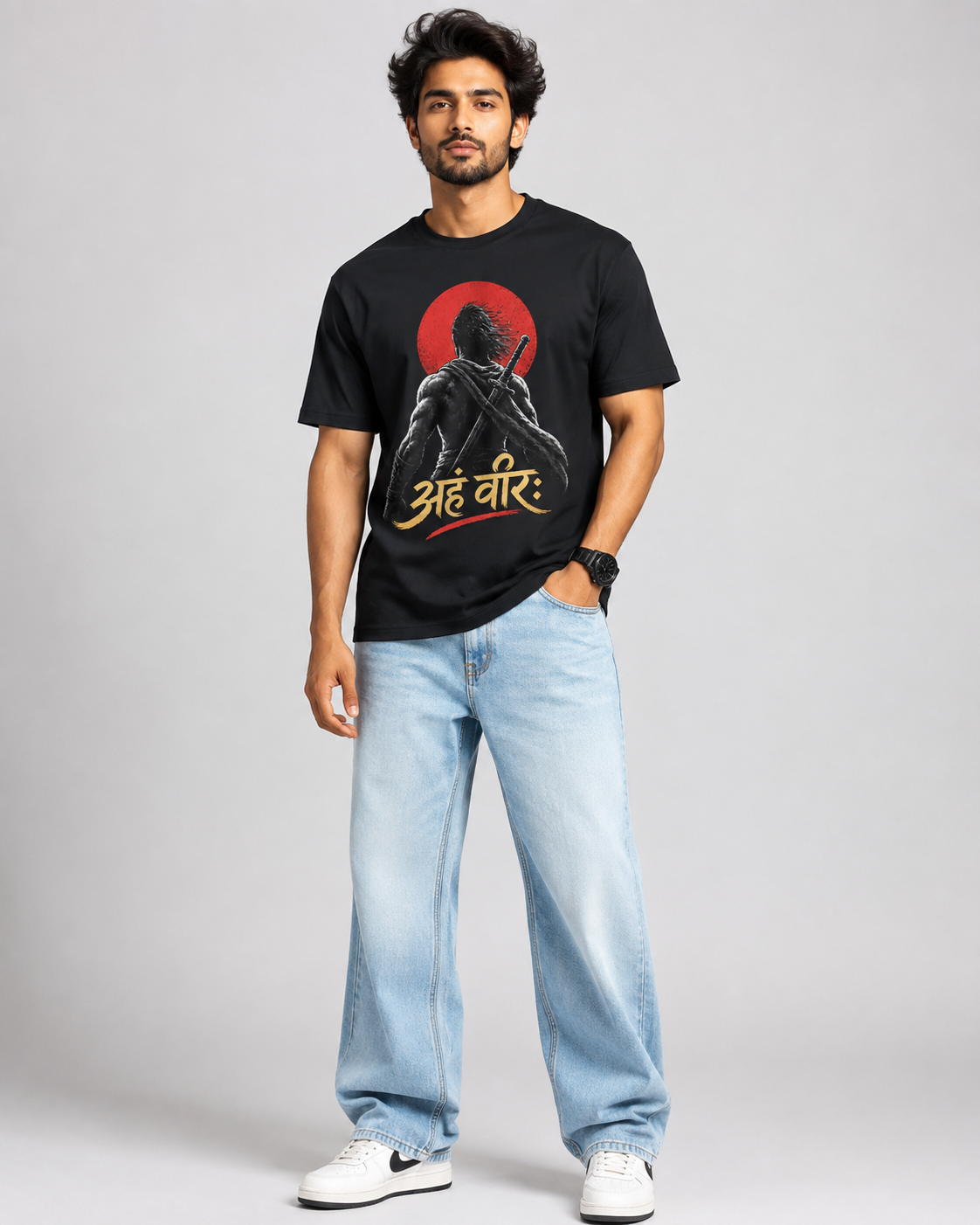 Aham Veerah Sanskrit Warrior Graphic T-Shirt for Men – Black D26008