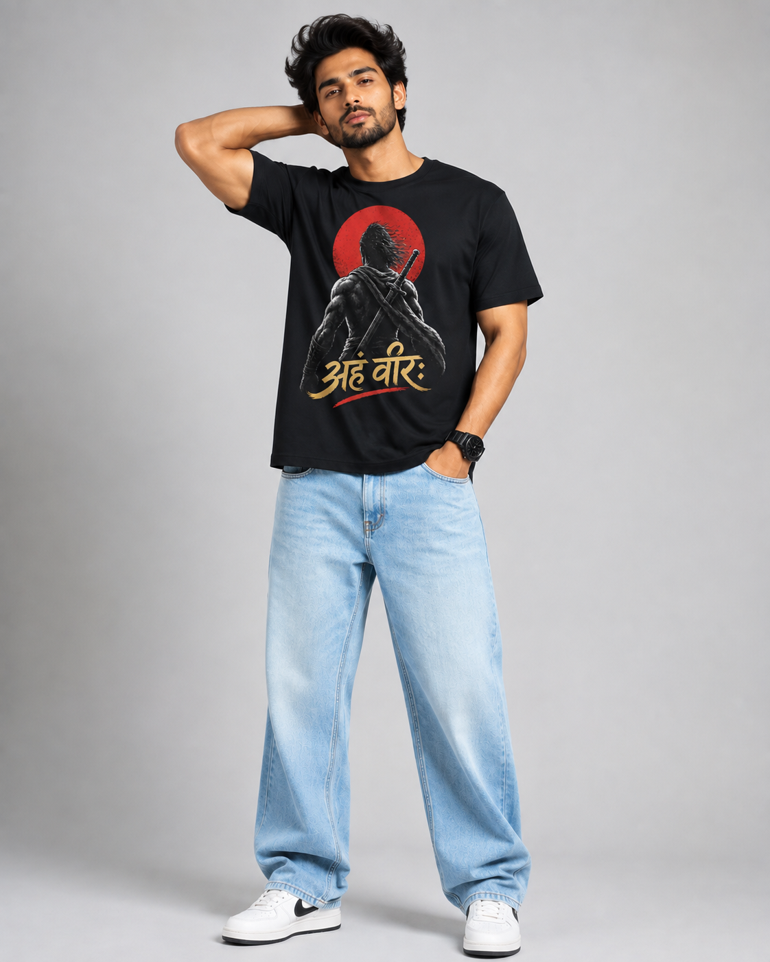 Aham Veerah Sanskrit Warrior Graphic T-Shirt for Men – Black D26008