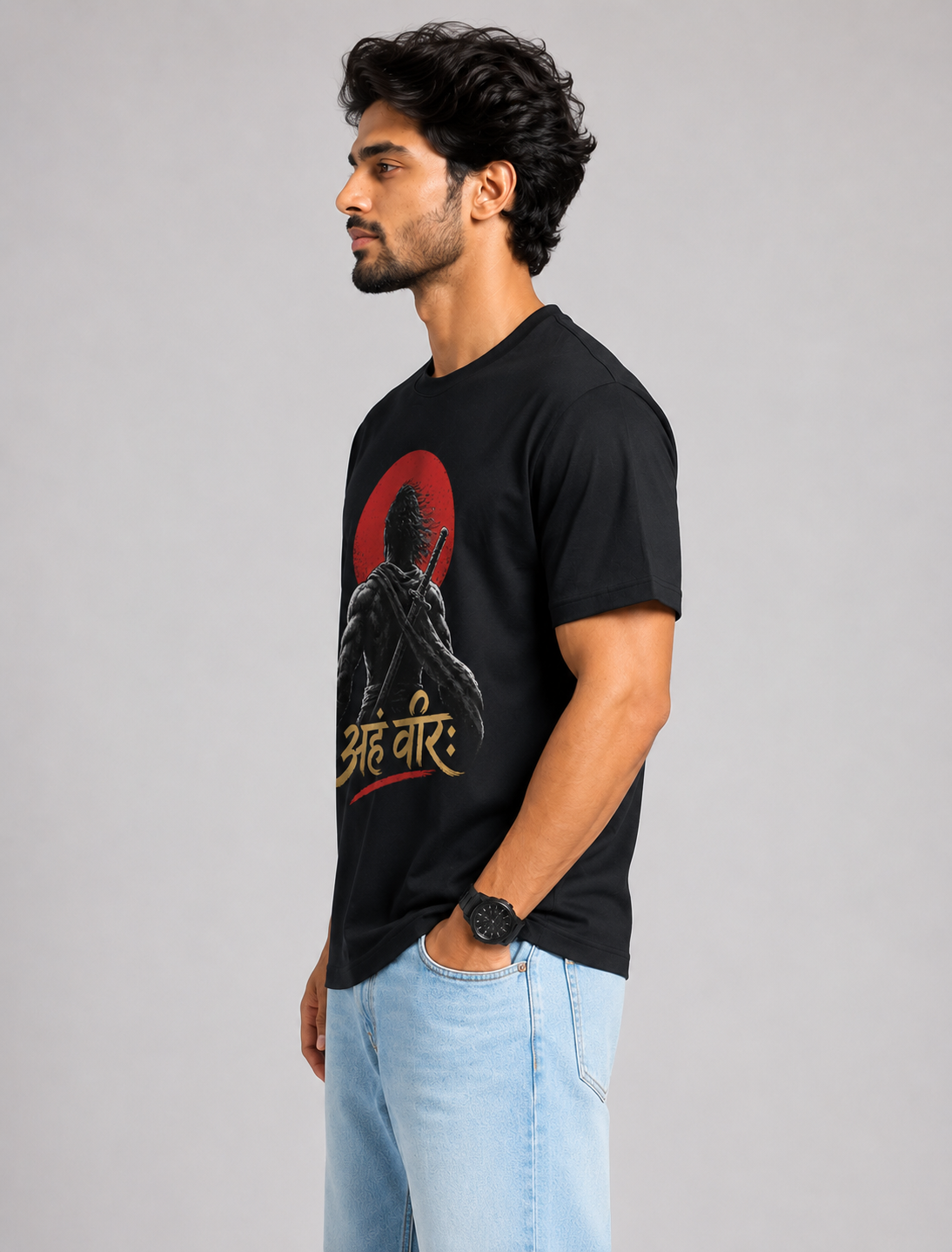Aham Veerah Sanskrit Warrior Graphic T-Shirt for Men – Black D26008