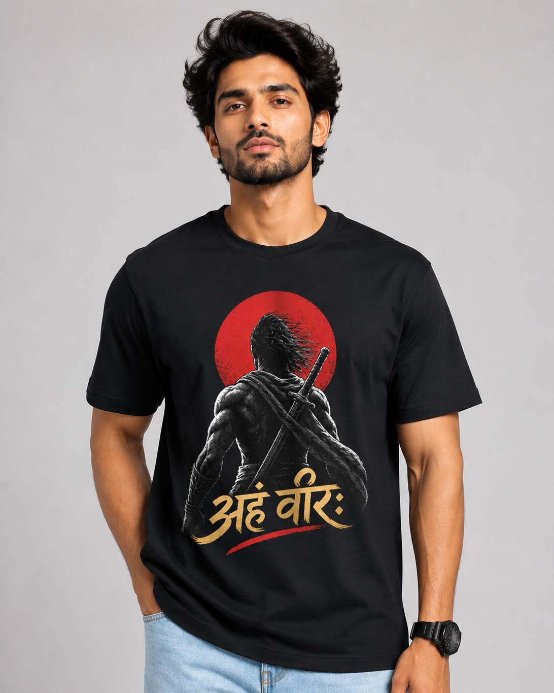 Aham Veerah Sanskrit Warrior Graphic T-Shirt for Men – Black D26008
