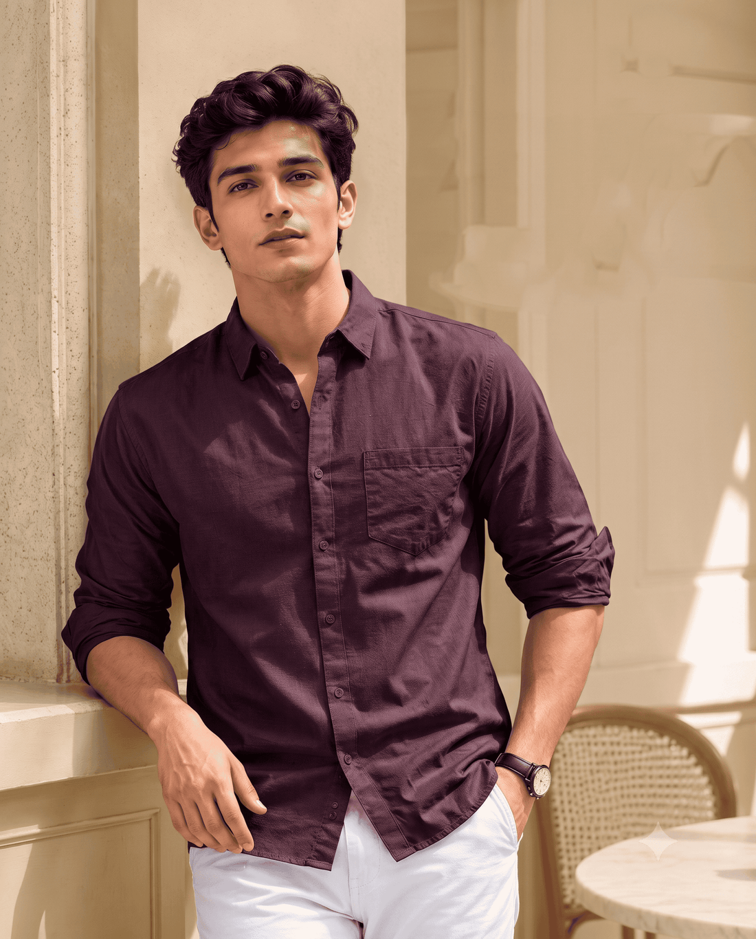 Men's maroon solid linen full sleeve shirt with regular fit and chest pocket for casual wear.