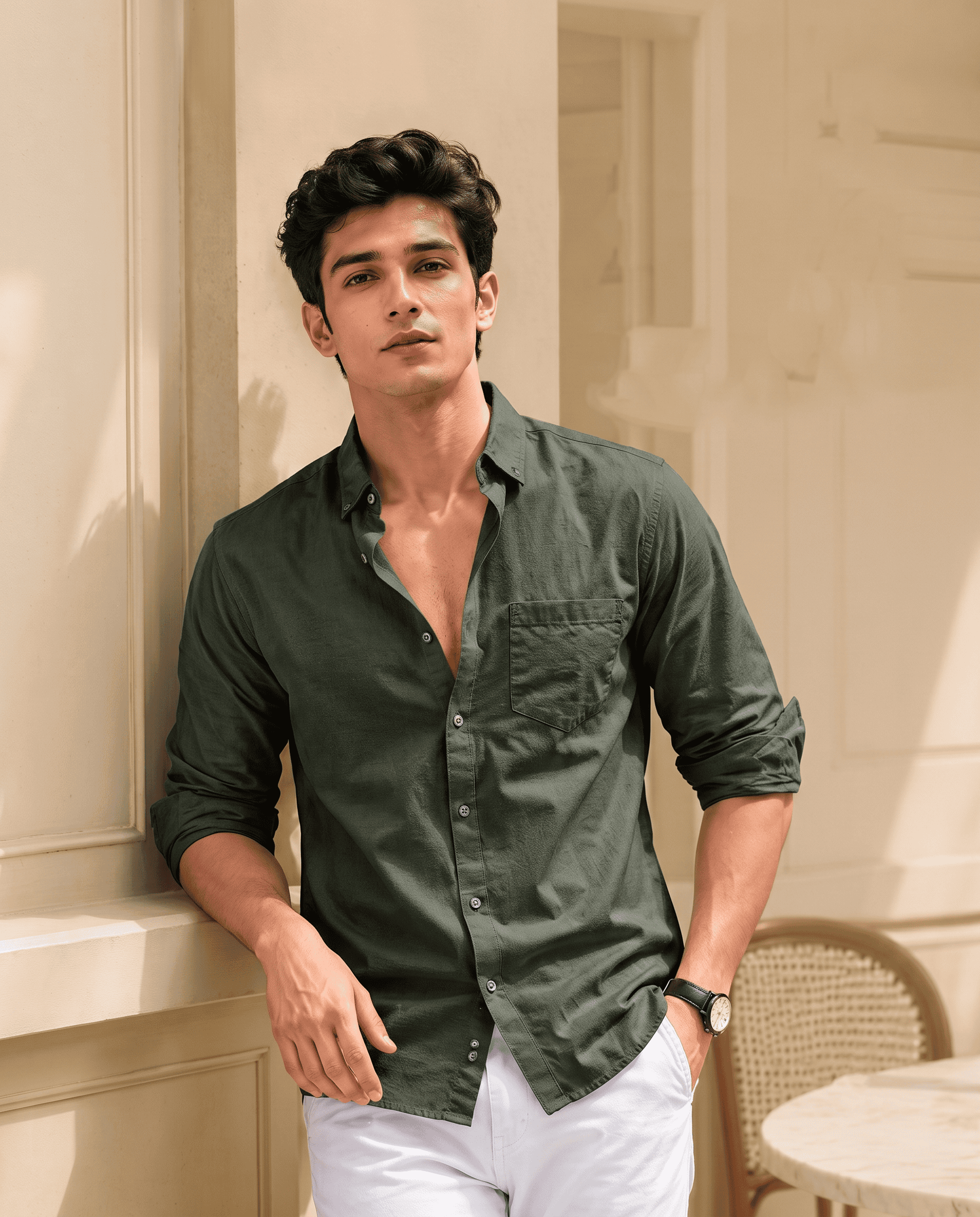 Olive Green Men's Cotton Shirt | Full Sleeve Regular Fit Everyday Wear D26002