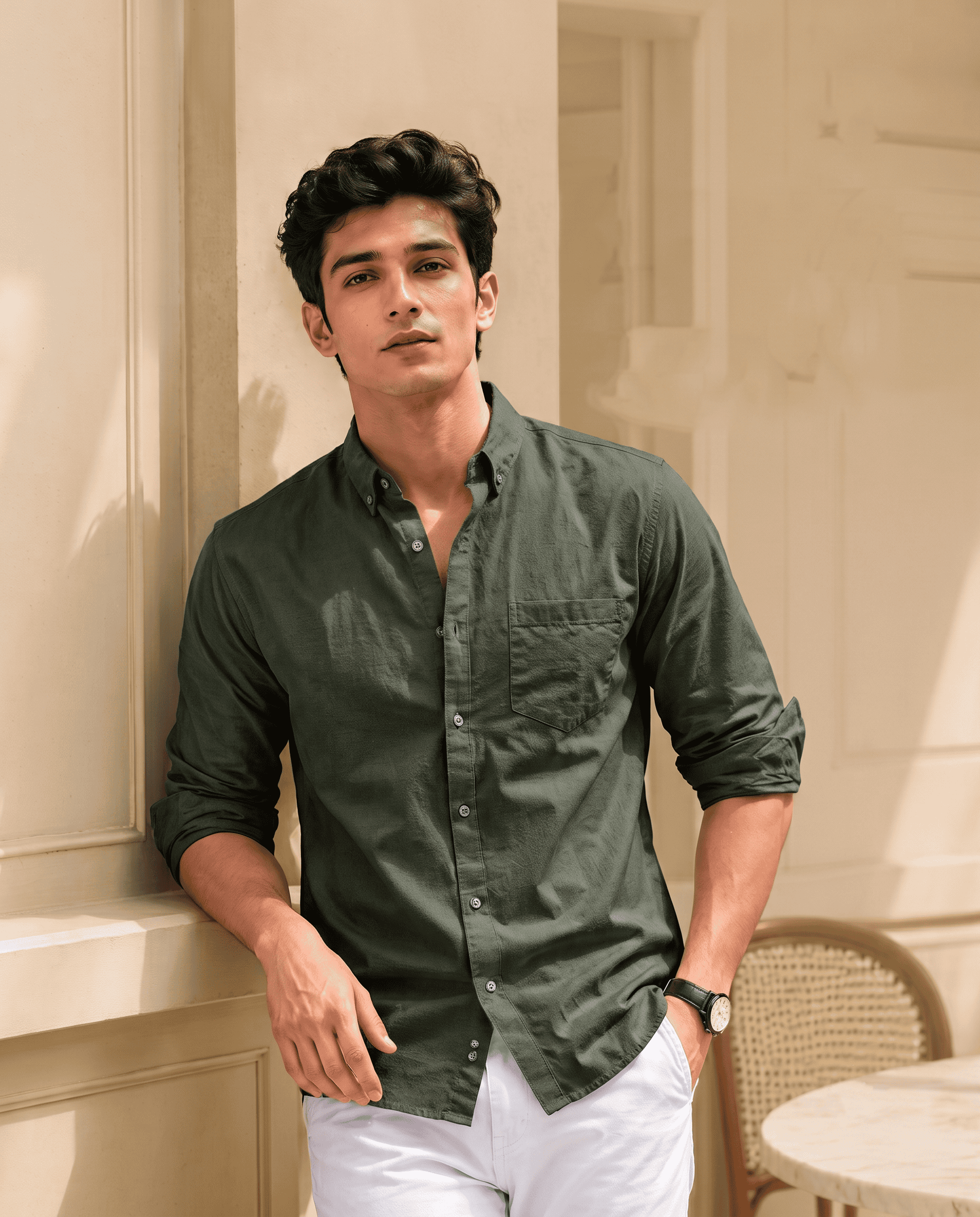 Olive Green Men's Cotton Shirt | Full Sleeve Regular Fit Everyday Wear D26002