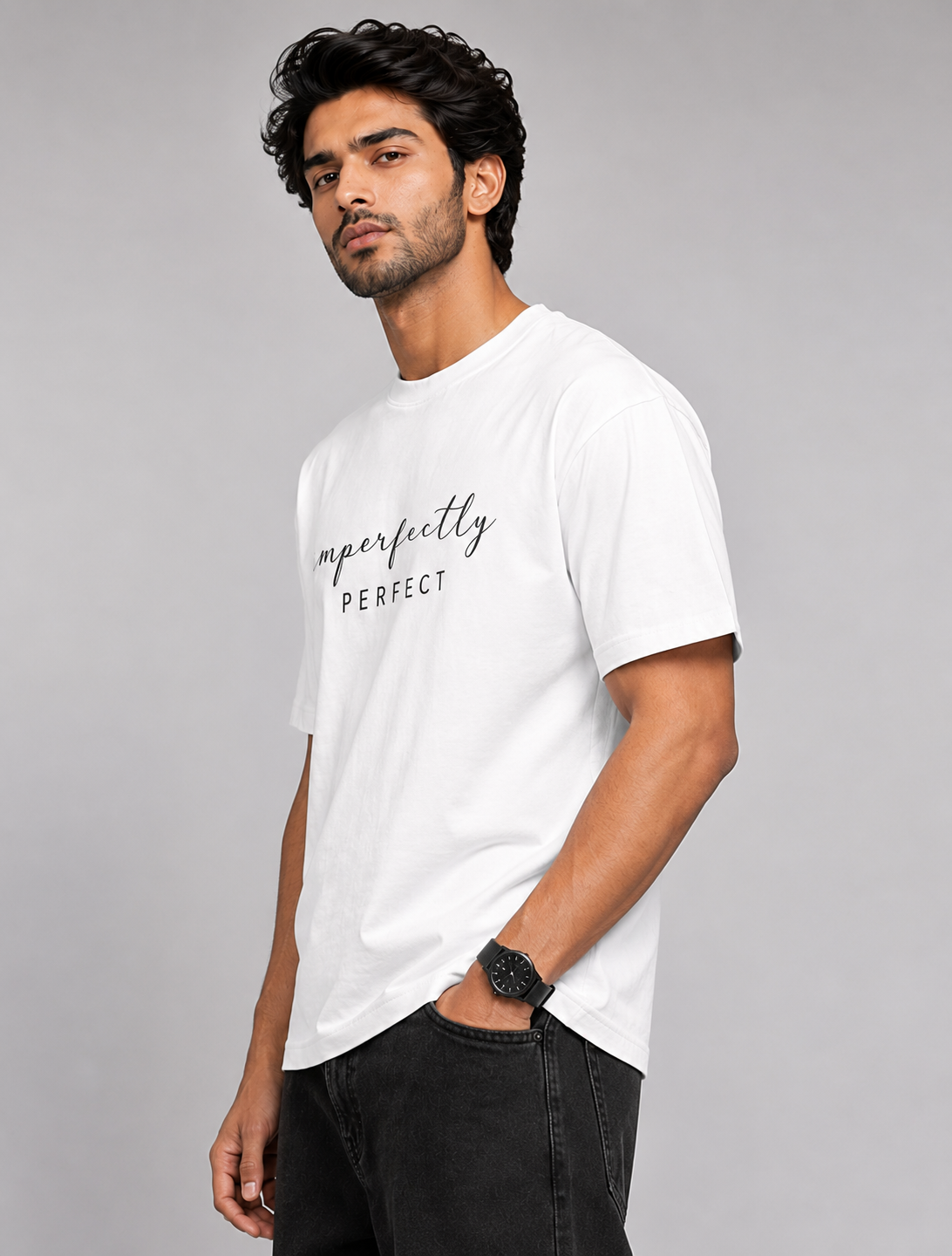Men’s White Oversized Graphic Printed T-Shirt – Imperfectly Perfect Streetwear Tee D26007