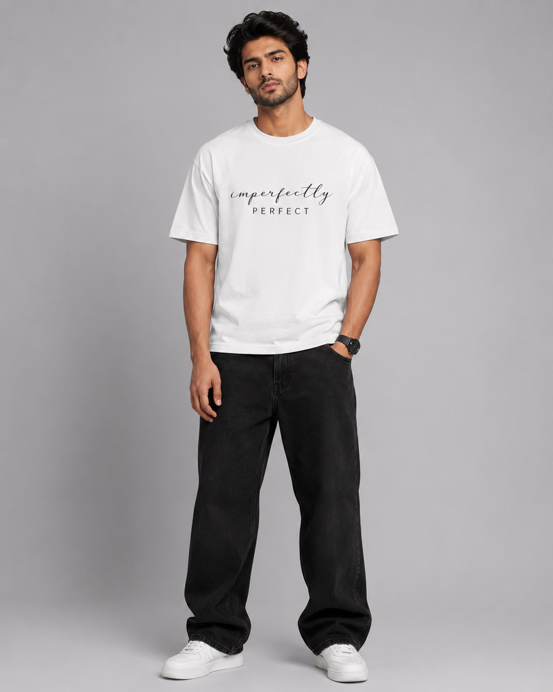 Men’s White Oversized Graphic Printed T-Shirt – Imperfectly Perfect Streetwear Tee D26007