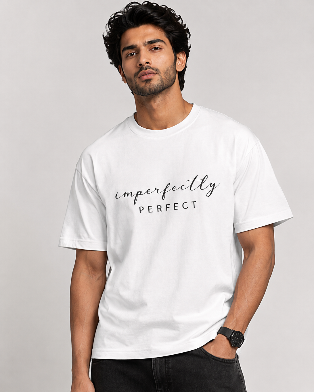 Men’s White Oversized Graphic Printed T-Shirt – Imperfectly Perfect Streetwear Tee D26007