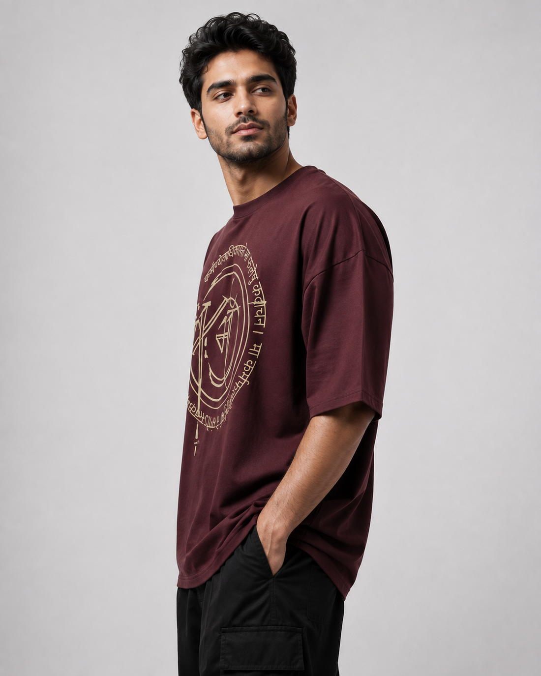 Men's Maroon Oversized Graphic Tee with Bhagavad Gita Sanskrit Print D26019