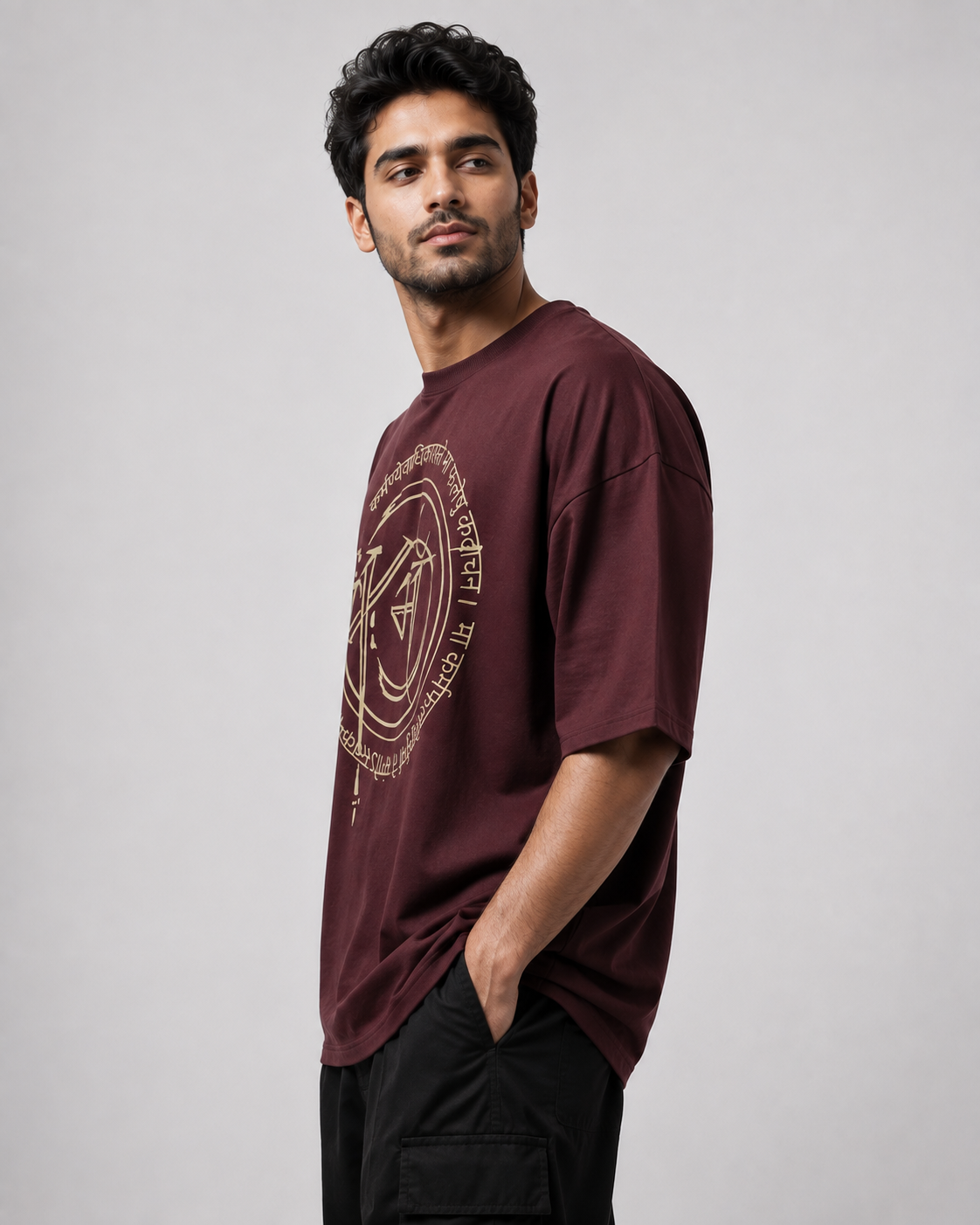 Men's Maroon Oversized Graphic Tee with Bhagavad Gita Sanskrit Print D26019
