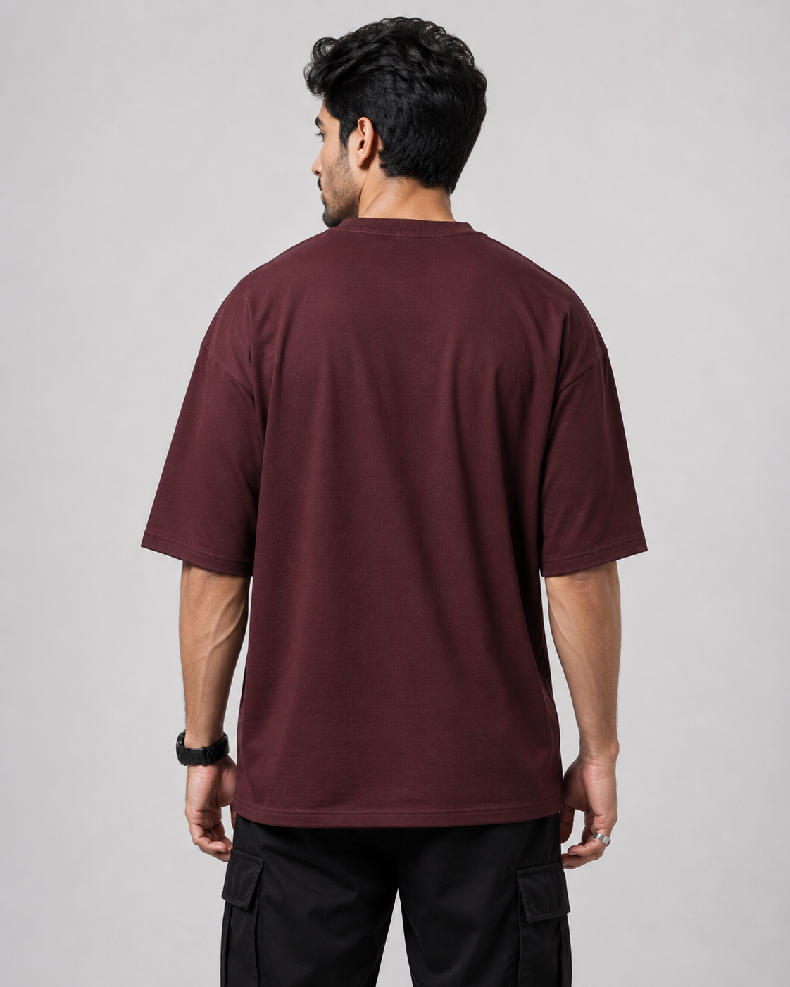 Men's Maroon Oversized Graphic Tee with Bhagavad Gita Sanskrit Print D26019