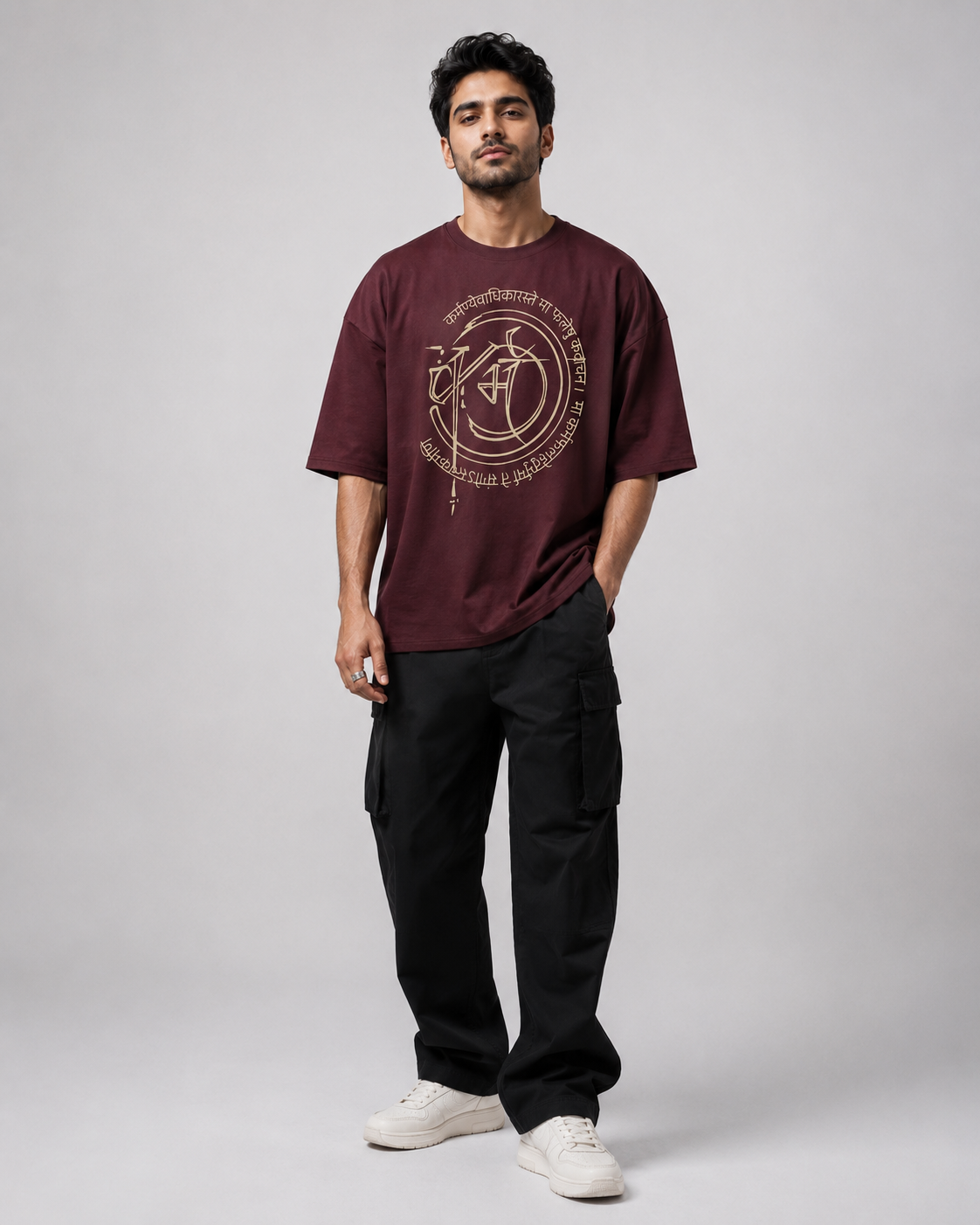 Men's Maroon Oversized Graphic Tee with Bhagavad Gita Sanskrit Print D26019