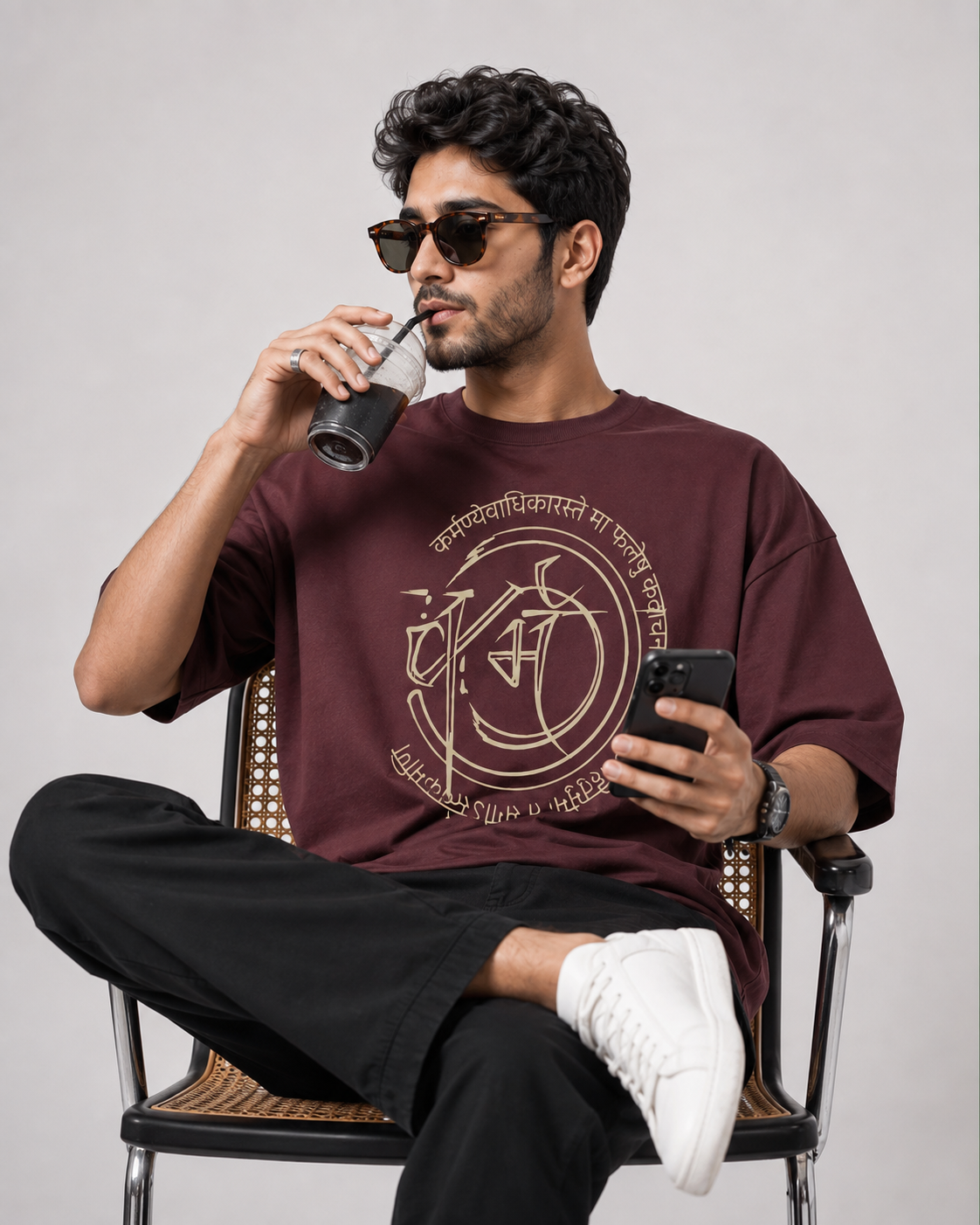 Men's Maroon Oversized Graphic Tee with Bhagavad Gita Sanskrit Print D26019