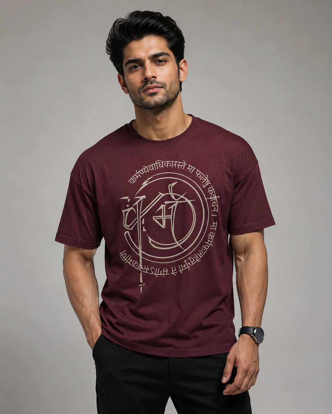 Men's Maroon Oversized Graphic Tee with Bhagavad Gita Sanskrit Print D26019