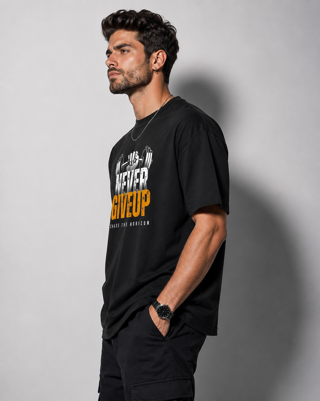 Never Give Up Gym Motivation Oversized T-Shirt for Men | Premium Black Graphic Tee D26017