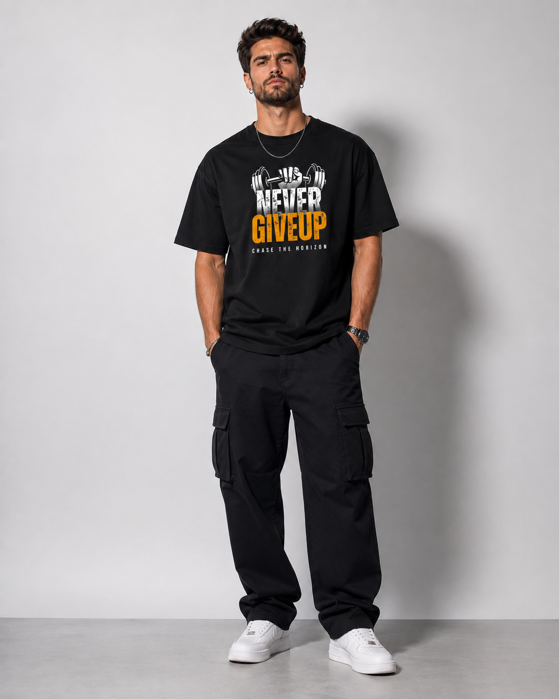 Never Give Up Gym Motivation Oversized T-Shirt for Men | Premium Black Graphic Tee D26017
