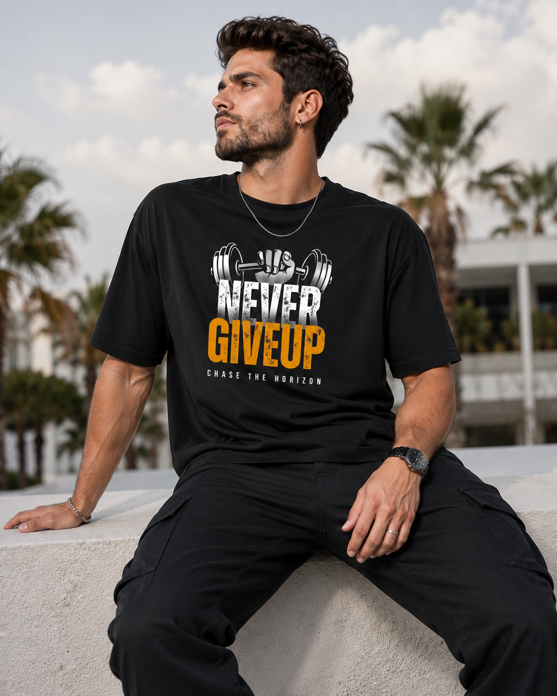 Never Give Up Gym Motivation Oversized T-Shirt for Men | Premium Black Graphic Tee D26017