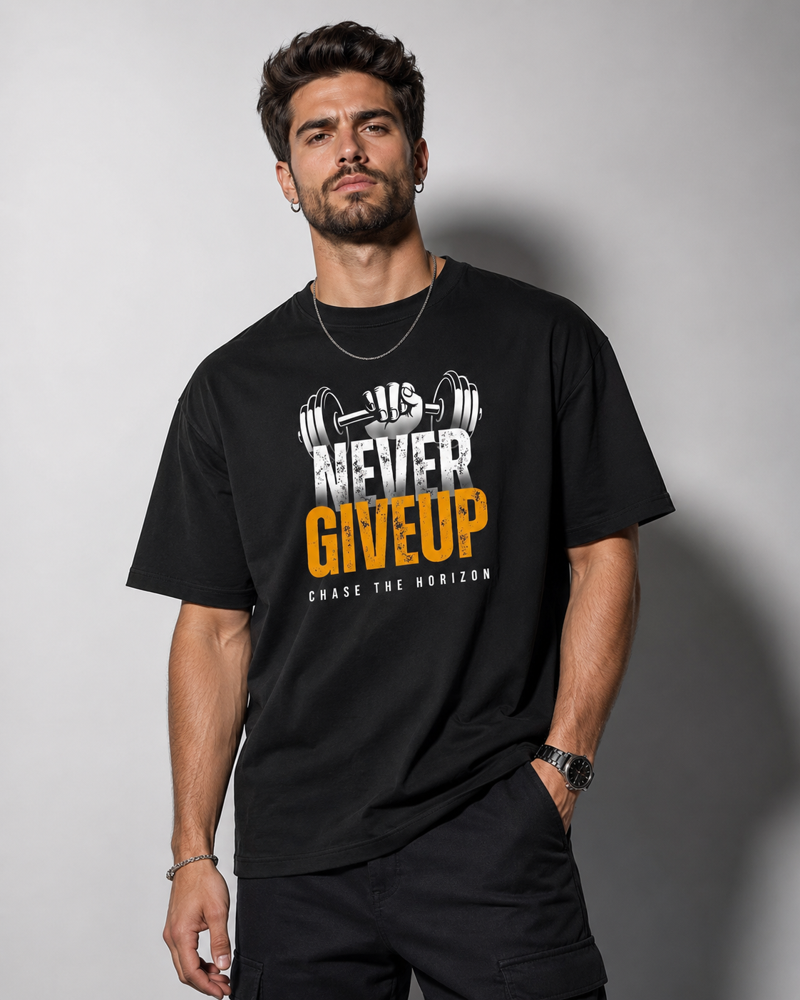 Never Give Up Gym Motivation Oversized T-Shirt for Men | Premium Black Graphic Tee D26017