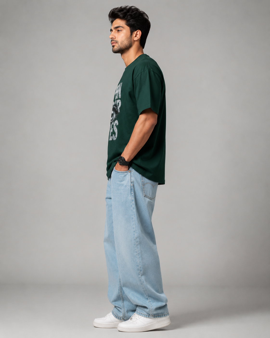 Men's Dark Green Oversized Graphic Print T-Shirt D26006