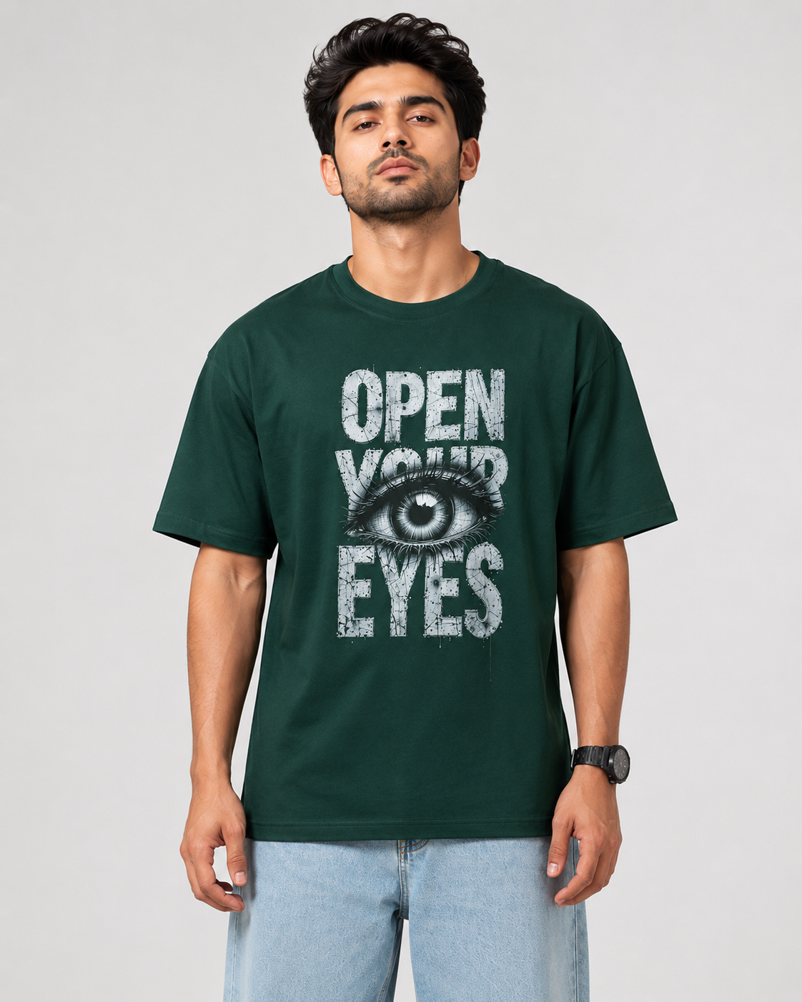 Men's Dark Green Oversized Graphic Print T-Shirt D26006