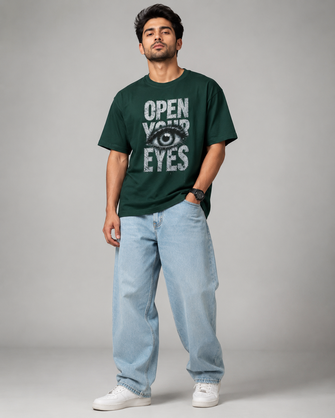 Men's Dark Green Oversized Graphic Print T-Shirt D26006