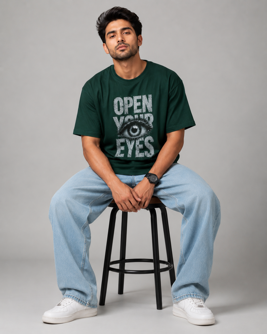 Men's Dark Green Oversized Graphic Print T-Shirt D26006