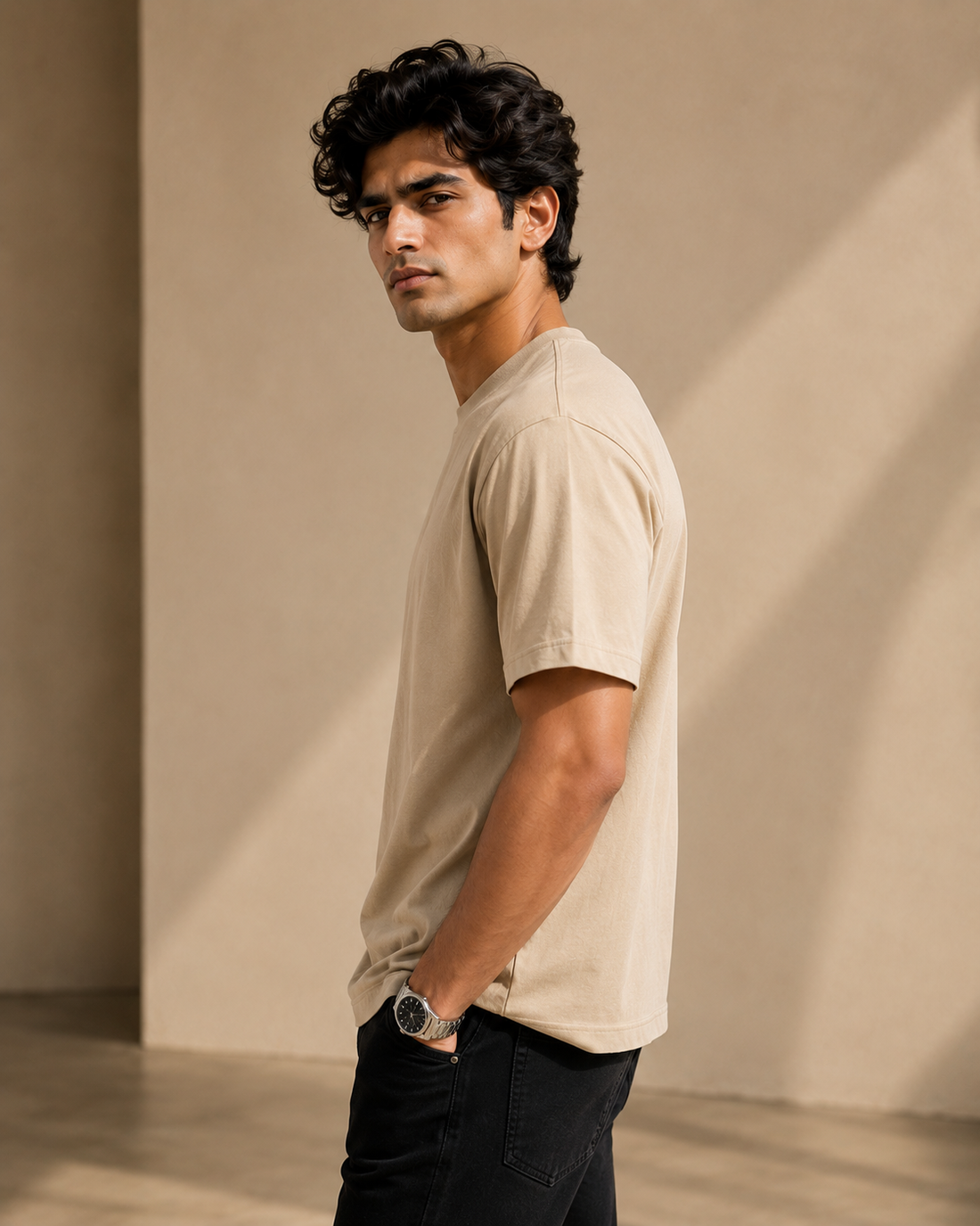 Oversized Beige T-Shirt for Men | Premium Cotton Half Sleeve Tee D26004