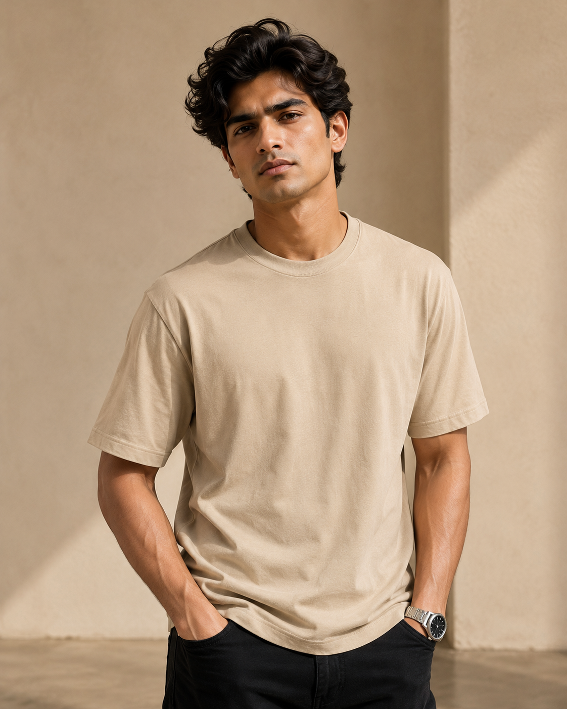 Oversized Beige T-Shirt for Men | Premium Cotton Half Sleeve Tee D26004