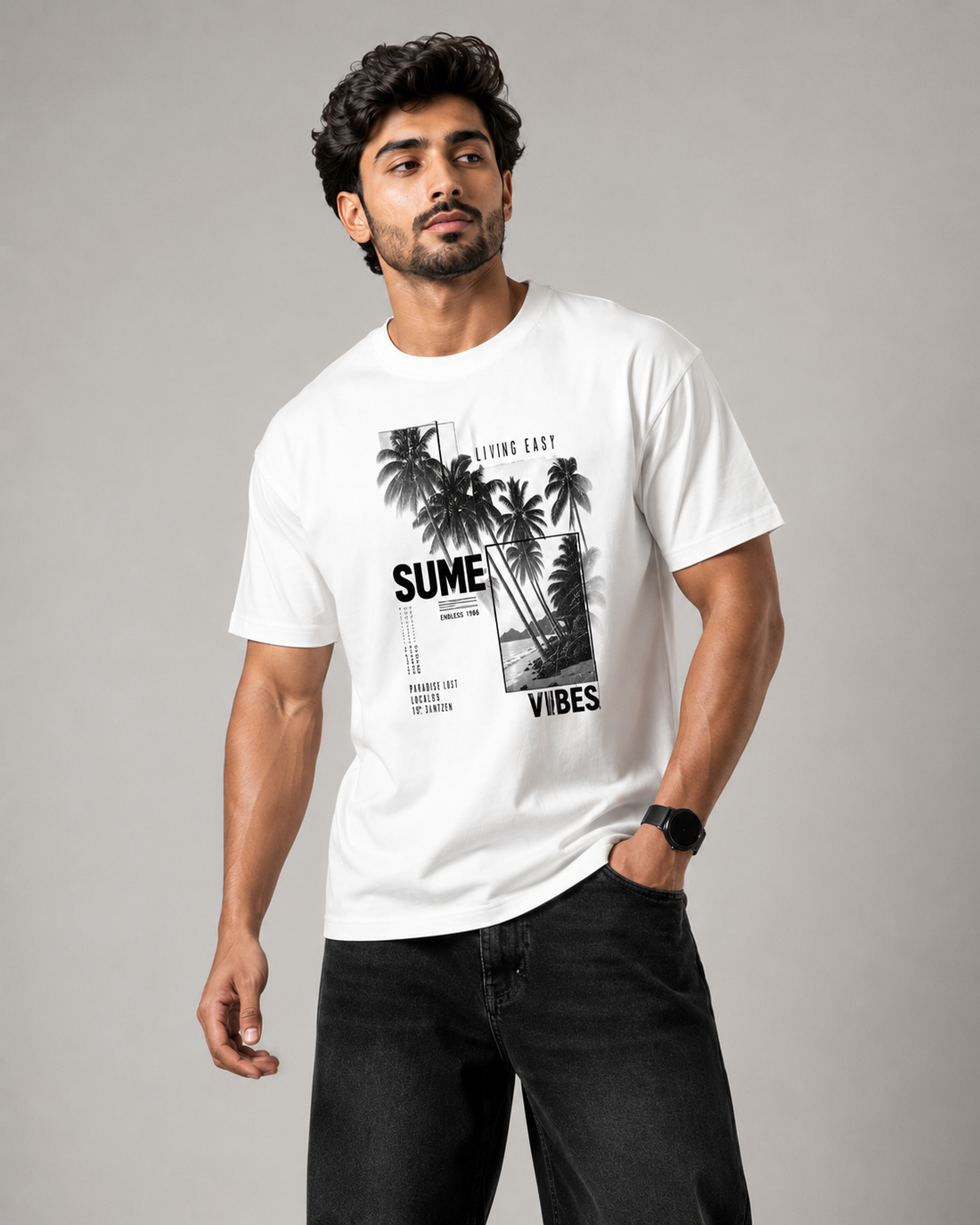 Premium Men's White Graphic T-Shirt | Oversized Round Neck Casual Streetwear Summer Vibes Print D26014