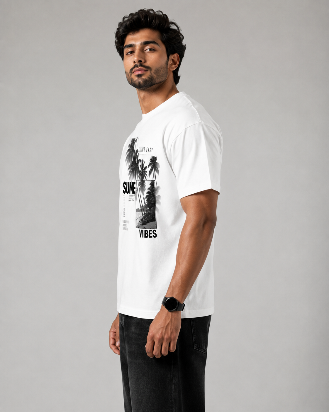 Premium Men's White Graphic T-Shirt | Oversized Round Neck Casual Streetwear Summer Vibes Print D26014