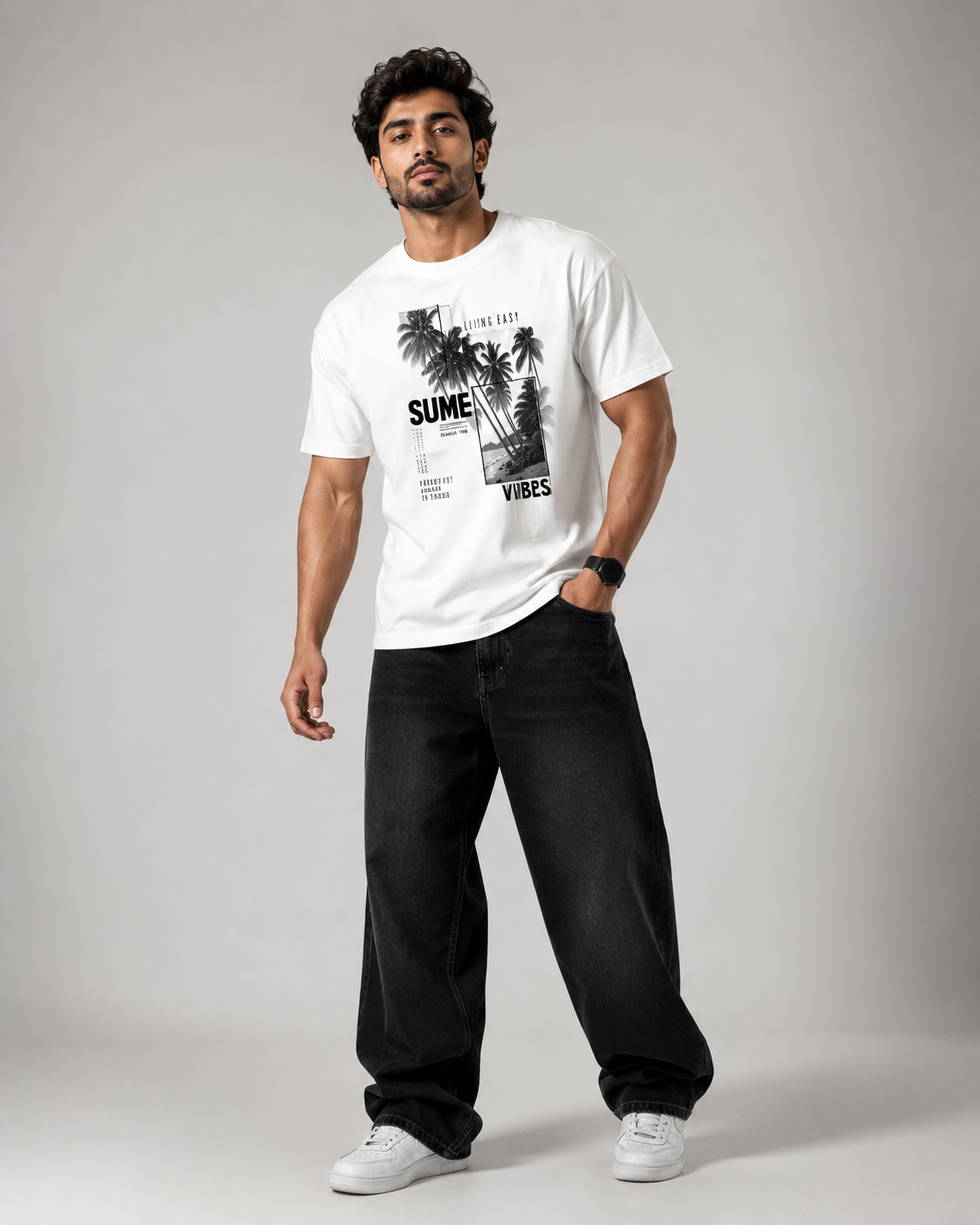 Premium Men's White Graphic T-Shirt | Oversized Round Neck Casual Streetwear Summer Vibes Print D26014