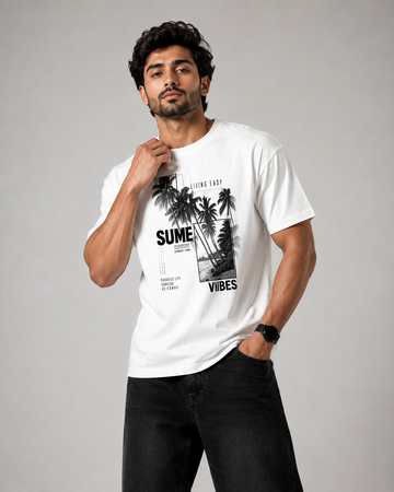 Premium Men's White Graphic T-Shirt | Oversized Round Neck Casual Streetwear Summer Vibes Print D26014
