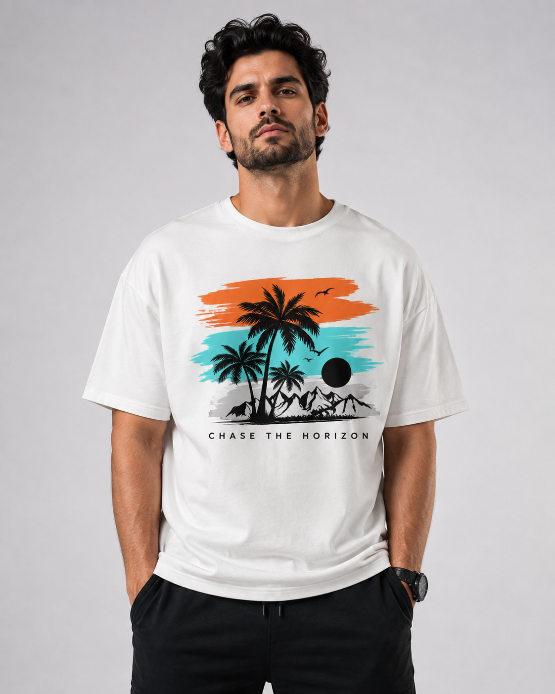Premium Oversized Half Sleeve T-Shirt for Men | Horizon Adventure Graphic Print D26018