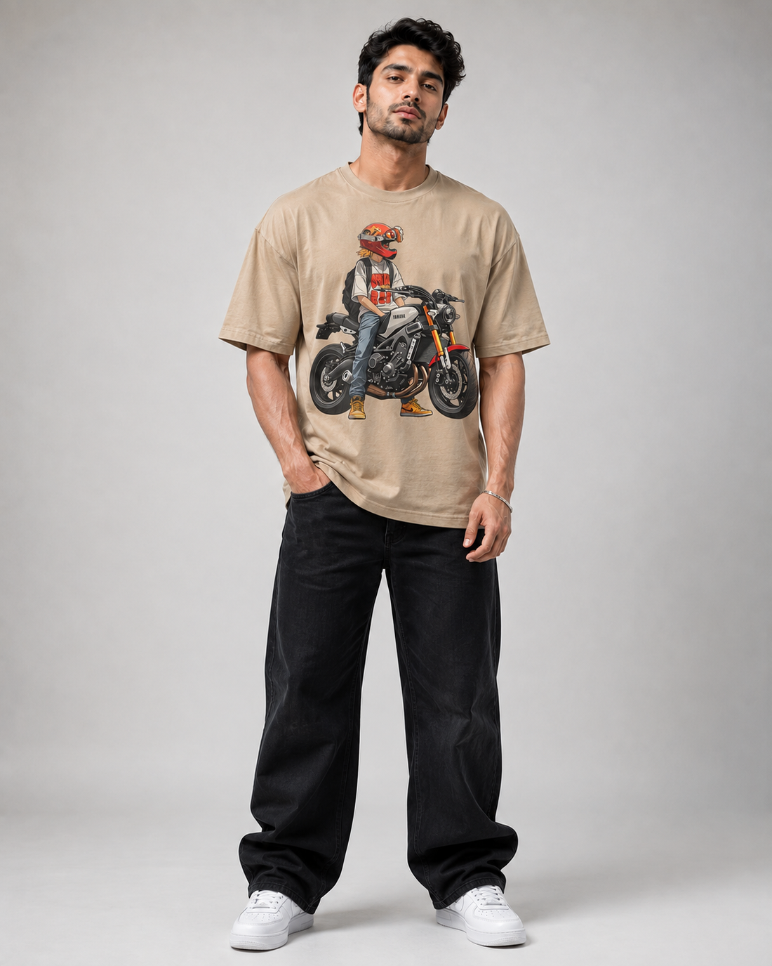 Urban Biker Oversized T-Shirt for Men – Motorcycle Graphic Print Cotton Tee D26016