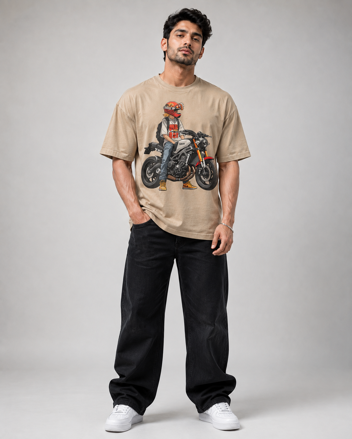 Urban Biker Oversized T-Shirt for Men – Motorcycle Graphic Print Cotton Tee D26016
