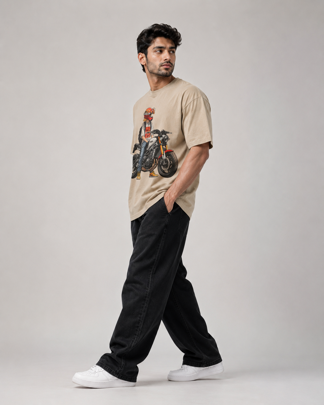 Urban Biker Oversized T-Shirt for Men – Motorcycle Graphic Print Cotton Tee D26016