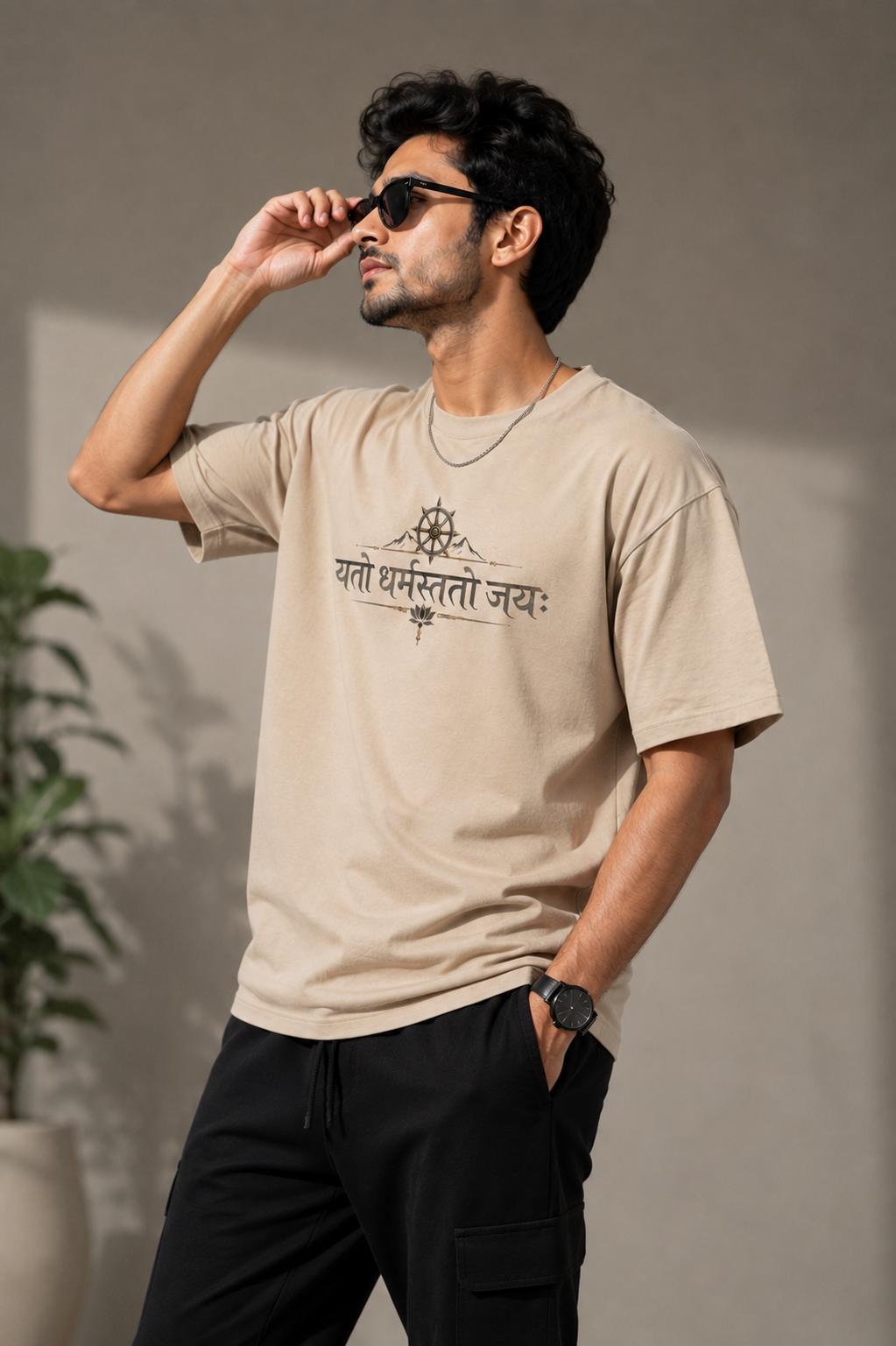 Yato Dharmastato Jaya Sanskrit Printed Oversized T-Shirt for Men – Premium Beige Cotton Graphic Tee D26010
