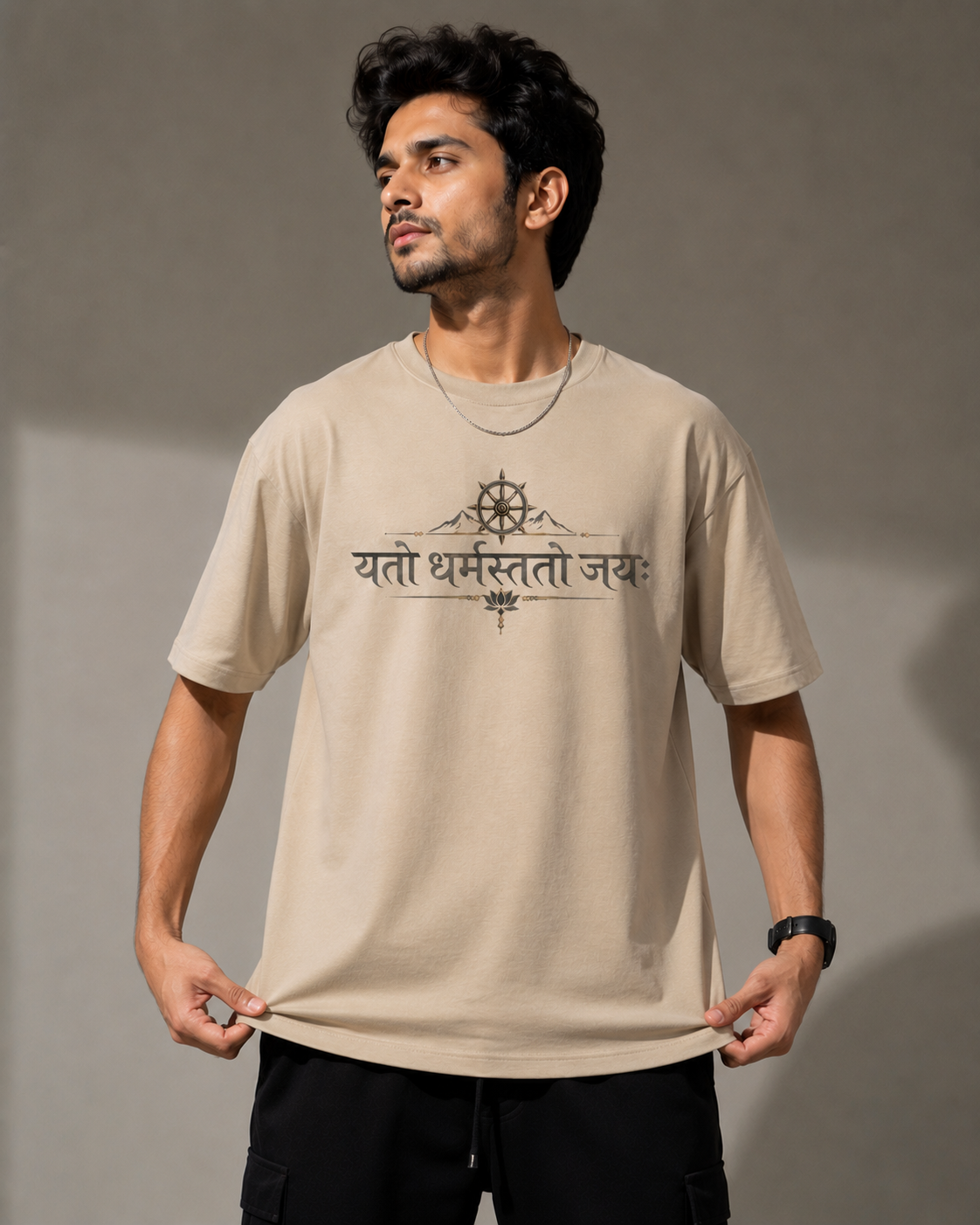 Yato Dharmastato Jaya Sanskrit Printed Oversized T-Shirt for Men – Premium Beige Cotton Graphic Tee D26010