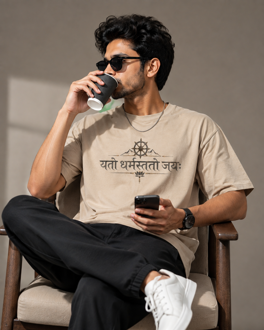 Yato Dharmastato Jaya Sanskrit Printed Oversized T-Shirt for Men – Premium Beige Cotton Graphic Tee D26010