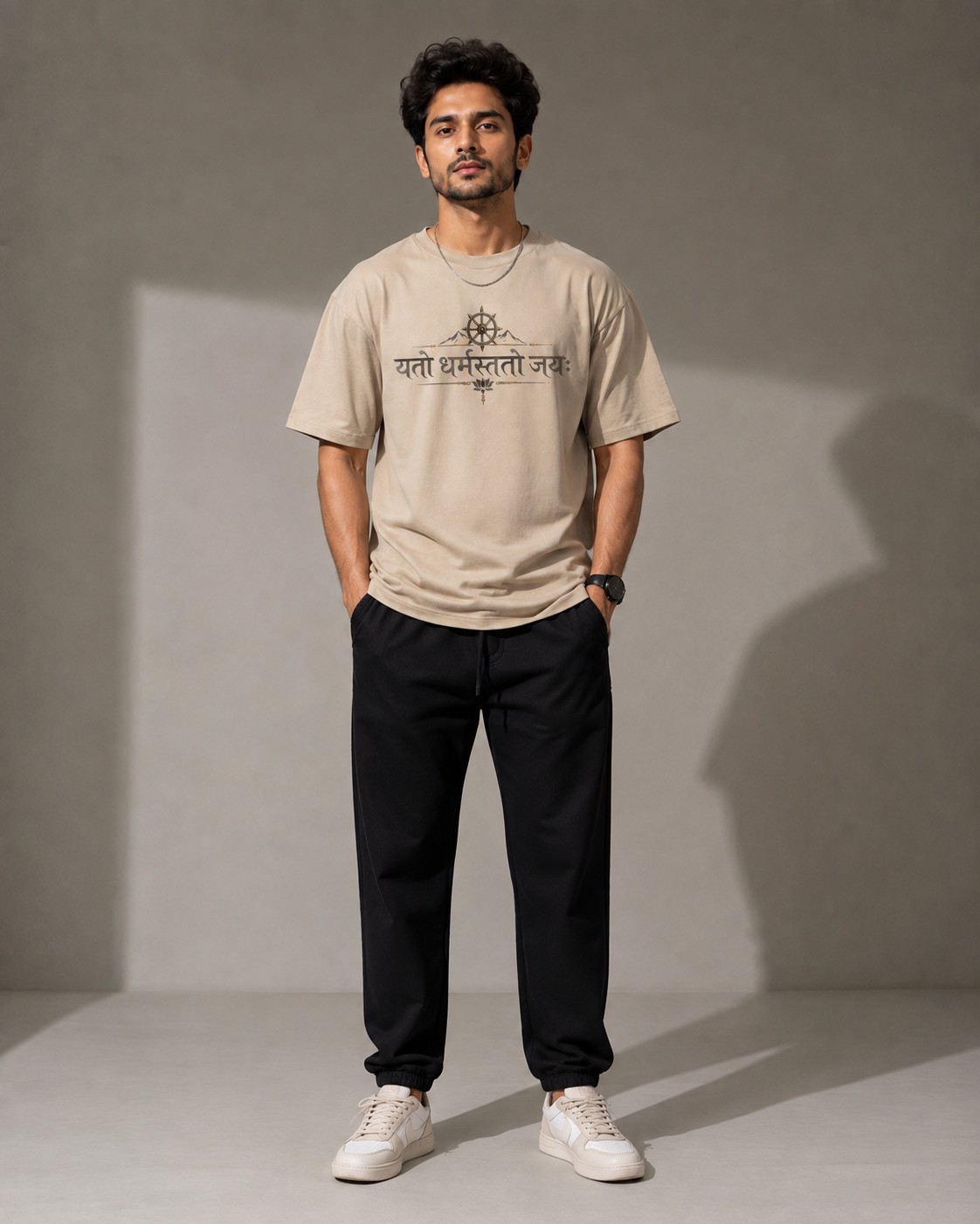 Yato Dharmastato Jaya Sanskrit Printed Oversized T-Shirt for Men – Premium Beige Cotton Graphic Tee D26010