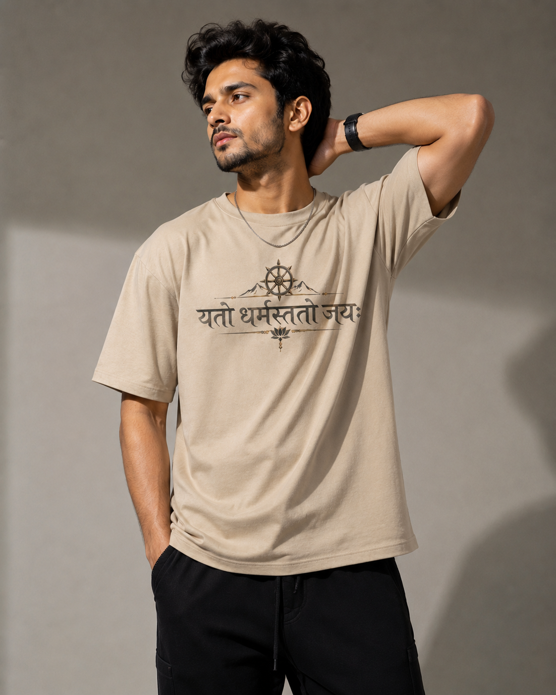 Yato Dharmastato Jaya Sanskrit Printed Oversized T-Shirt for Men – Premium Beige Cotton Graphic Tee D26010