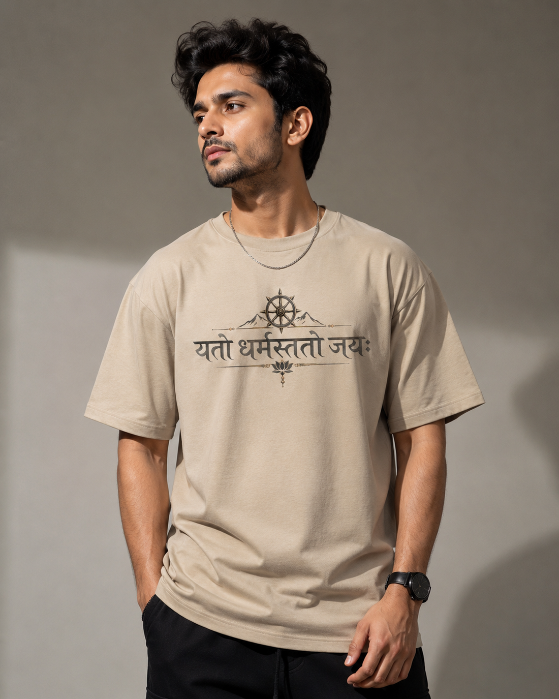 Yato Dharmastato Jaya Sanskrit Printed Oversized T-Shirt for Men – Premium Beige Cotton Graphic Tee D26010
