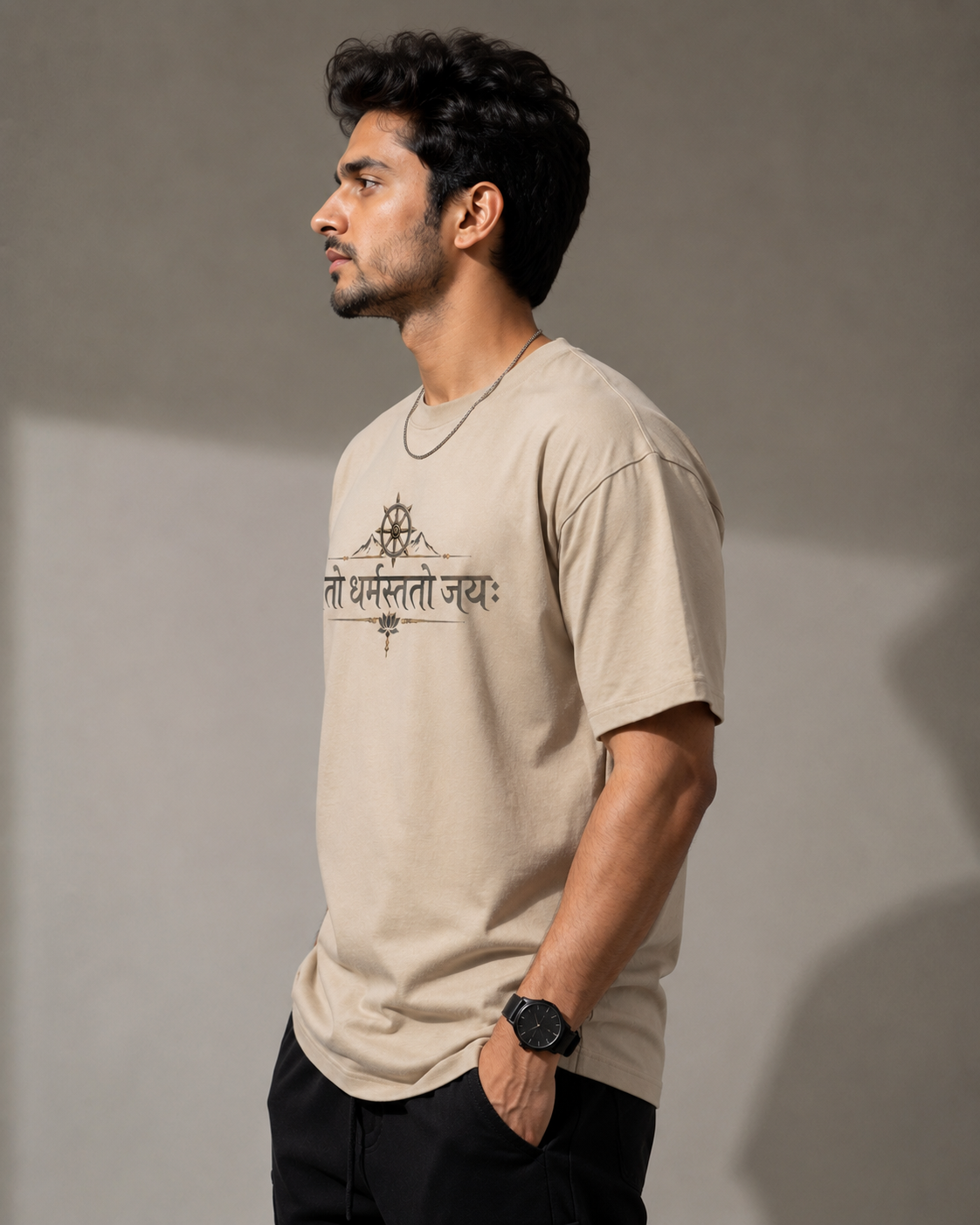 Yato Dharmastato Jaya Sanskrit Printed Oversized T-Shirt for Men – Premium Beige Cotton Graphic Tee D26010